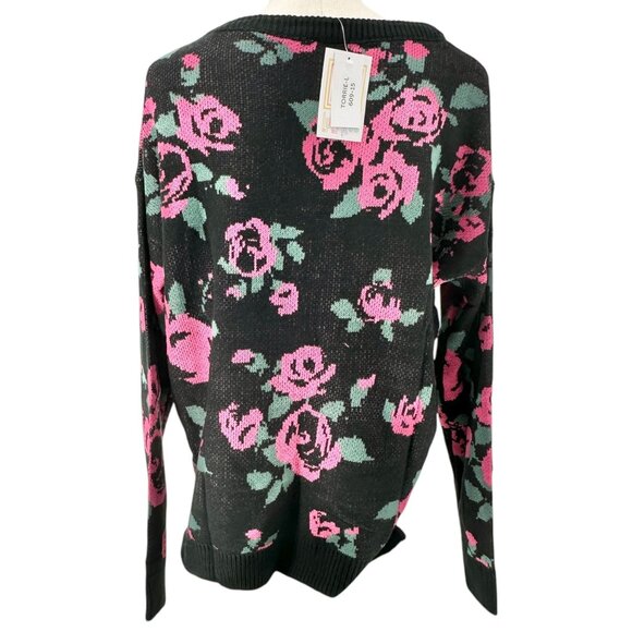 LuLaRoe Torrie Sweater Womens L Black Acrylic LS Pink Green Floral Print V-Neck - Picture 3 of 10